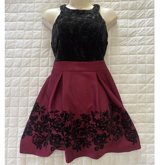 TRIXXI Dress Womens Medium Black Burgundy Fit Flare Mini Retro Coquette Goth - Picture 1 of 13